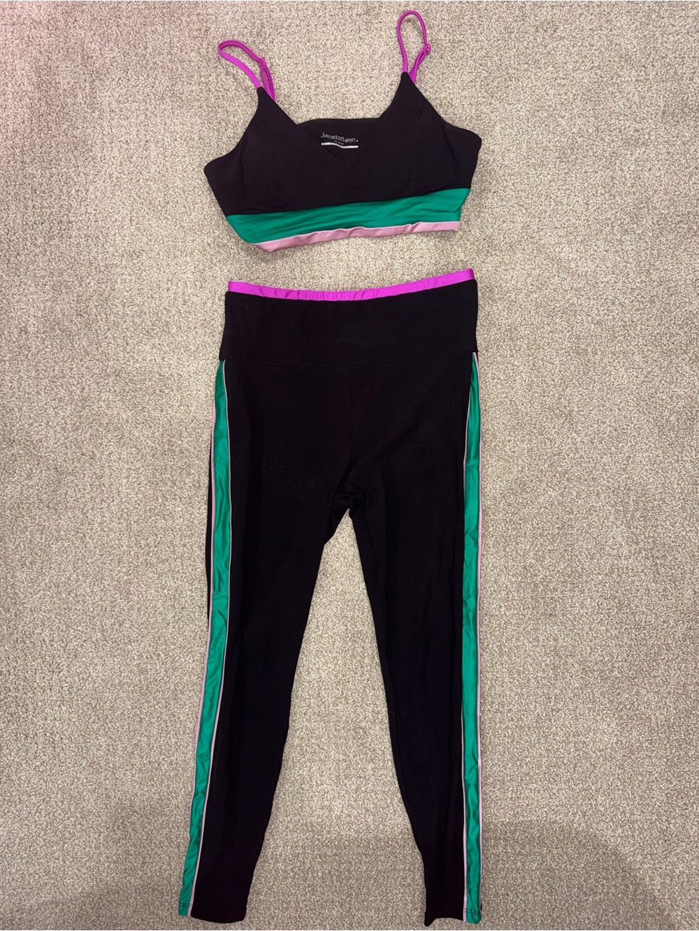 Lanston Sport Black Leggings & Sports Bra Set with Green and Pink Accents